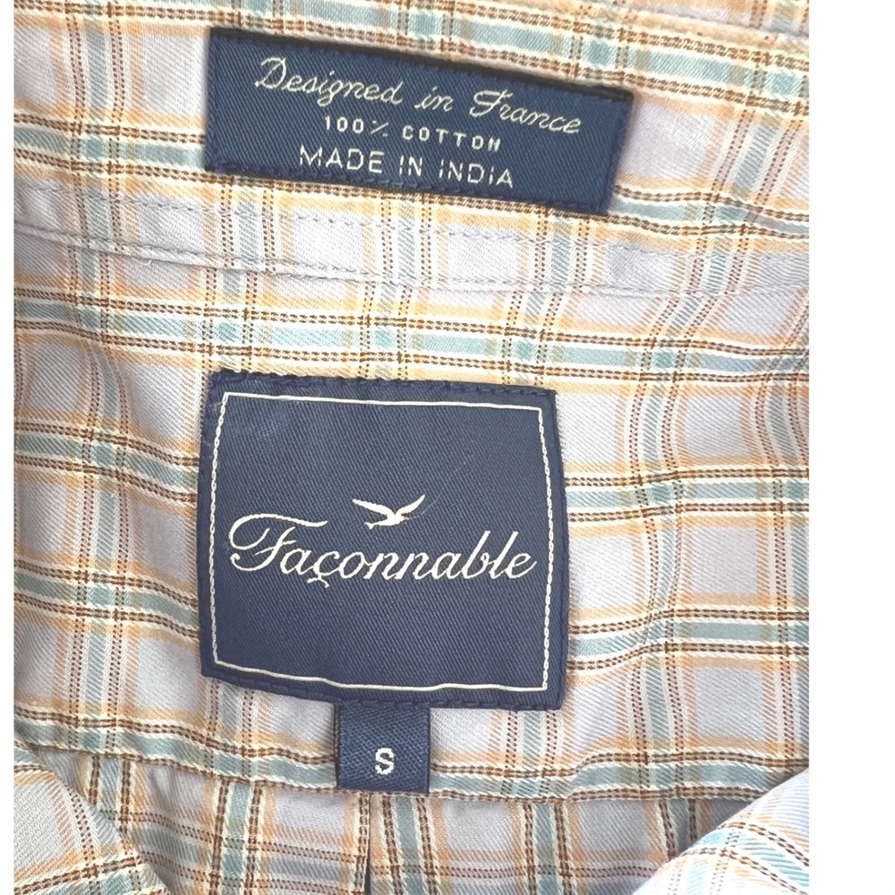 Faconnable Mens Small Blue Tan Plaid Cotton‎ Long Sleeve Button Down Shirt - Picture 6 of 6